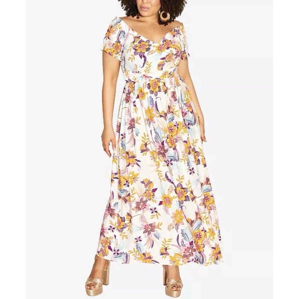 City Chic White Floral Maxi Dress with Yellow & Purple Print